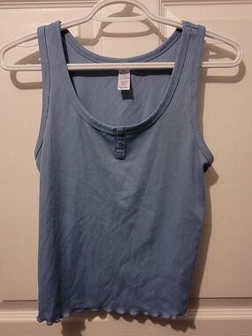 George Light Blue Ribbed Tank with Scoop Neck and Button Placket